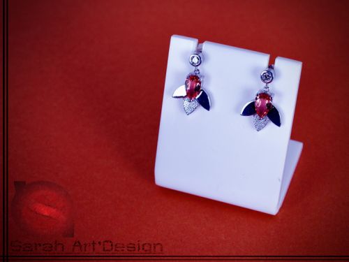 boucles d'oreilles or blanc tourmaline rose diamants
